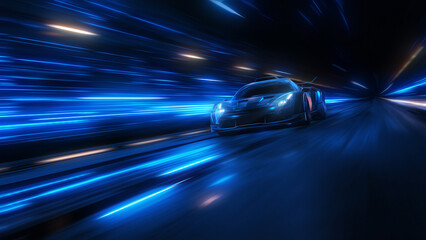 Speeding Sports Car On Neon Highway. Powerful acceleration of a supercar on a night track with colorful lights and trails. 3d render