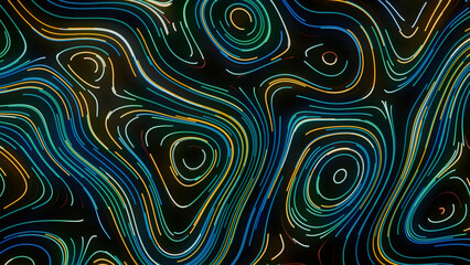 Abstract colorful geometric wave stains on a black background, seamless loop. Motion. Oval shaped silhouettes in many bended stripes, seamless loop.