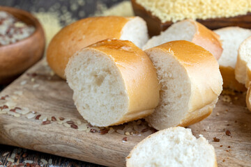 pieces of wheat baguette on a cutting board