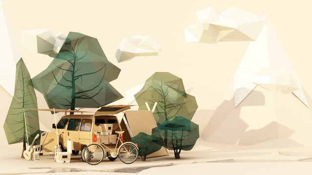 low poly cartoon part Mobile homes and tents In the national park, there are bicycles, ice buckets, guitars and chairs, and trees with clouds and mountains in the background. green tone 3d render