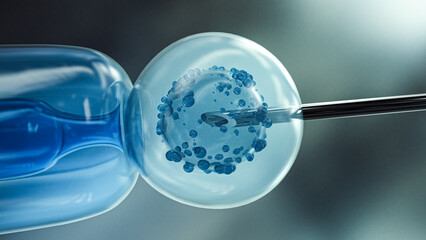 Ovum with needle for artificial insemination or in vitro fertilization. 3D Rendering - obrazy, fototapety, plakaty