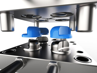 3D render of plastic moulding machine. Plastic injection moulding.Cups, boxes, toolboxes. The production process for Plastic injection mold. Used for the forming of plastic parts using polypropylene