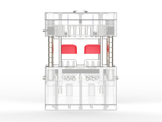 3D render of plastic moulding machine. Plastic injection moulding.Cups, boxes, toolboxes. The production process for Plastic injection mold. Used for the forming of plastic parts using polypropylene