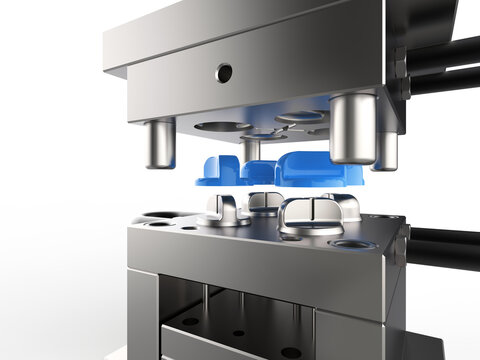 3D render of plastic moulding machine. Plastic injection moulding.Cups, boxes, toolboxes. The production process for Plastic injection mold. Used for the forming of plastic parts using polypropylene