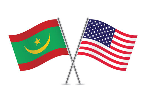Mauritania and America crossed flags. Mauritanian and American flags are isolated on white background. Vector icon set. Vector illustration.