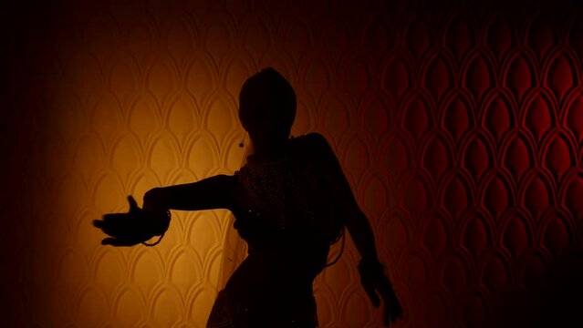 dark silhouette of graceful oriental dance performer in arabic or indian palace, concubine in harem