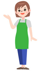 手を上げて説明するエプロン姿の若い女性