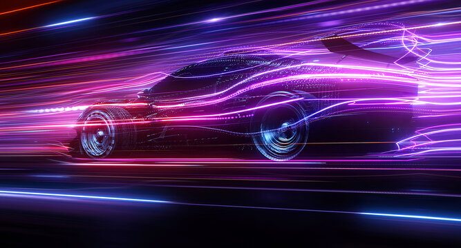 Speeding Sports Car On Neon Highway. Powerful acceleration of a supercar on a night track with colorful lights and trails. 3d render