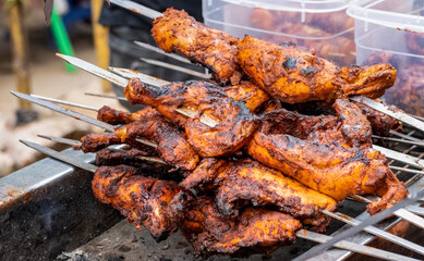 Delicious chicken grills on a street market close up shot