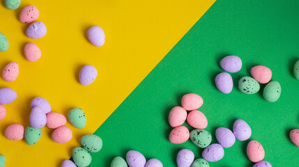 Obraz premium Easter background made of Pastel eggs. Overhead view, close up