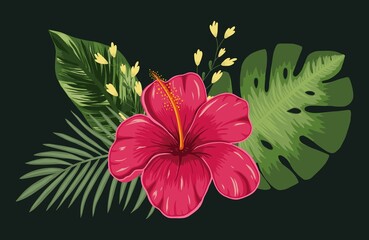 Composition of tropical flower hibiscus and leaves palm and monstera on a black background. Vector