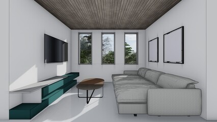 blank mock up tv room interior sketch 3d illustration