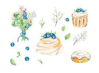 Watercolor Springtime illustration. Tasty sweets and gentle bouquet. Blueberry cake and flowers. Spring Branches and cupcake, donut, pavlova cake, meringue and blueberries. Design  for greeting, cards