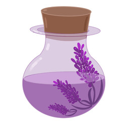 bottle with cork with oil and lavender flowers, aromatherapy, massage, spa body care, vector