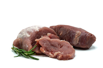 raw pork tenderloin and beef tenderloin isolated on white background