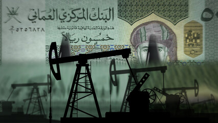 Oman Rial money counting with oil pump illustration