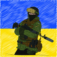 Vector image of a Ukrainian soldier in a cash register and body armor with an AK-47, against the background of the Ukrainian flag. Support Ukraine.