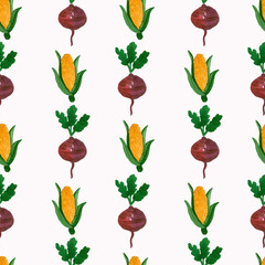 Seamless pattern with corn cobs burgundy beetroot.