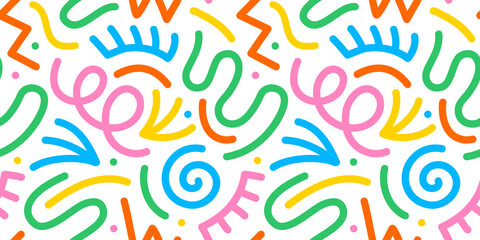 Fun colorful line doodle seamless pattern. Creative minimalist style art background for children or trendy design with basic shapes. Simple childish scribble backdrop.