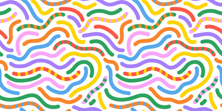Colorful line doodle seamless pattern. Creative minimalist style art background, trendy design with basic shapes. Modern abstract color backdrop.