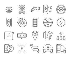 EV Set of Battery Electric car with editable stroke line icons. E-Mobility charger vector illustrations.