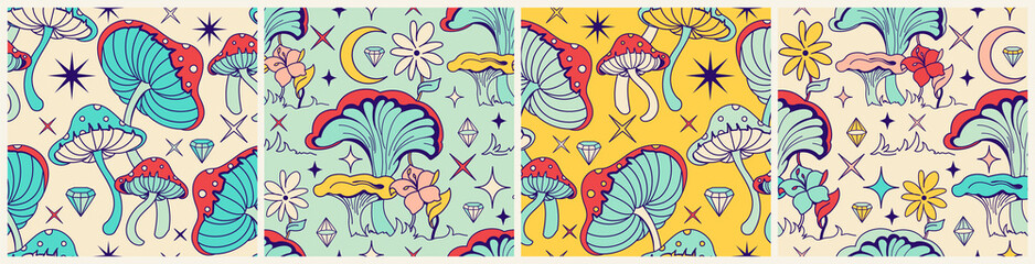 Vintage mushrooms seamless background set. Groovy 60s - 70s style retro art. Vintage hippie textile, fabric, wrapping paper, wallpaper. Vector repeating illustration.
