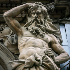 Bearded nude male statue - muscular figure of mythological Atlas on old palace in Budapest