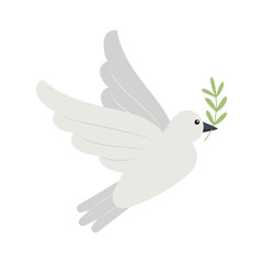 White dove flying with olive branch in beak. Hand drawn vector illustration in flat style