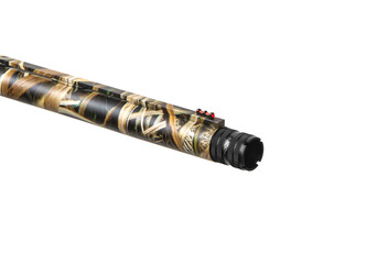 Pump-action 12 gauge shotgun isolated on a white back. Close-up shot of part of a shotgun. A...