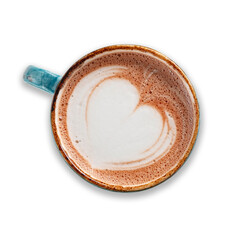 Cocoa mug with a heart pattern on the foam.  Drink with hot chocolate on a stone table, top view and copy space