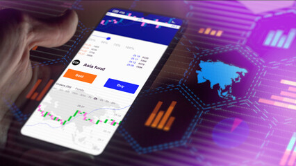 Exchange-Traded Fund chart, Stock market data on smartphone. Business analysis of a trend. Invest in international ETF. Buying strategic fund