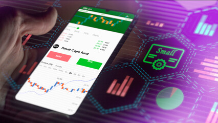 Exchange-Traded Fund chart, stock market etf data on smartphone. Business analysis of etfs trends. Invest in international ETF. Buying strategic small Caps fund