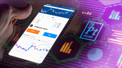 Exchange-traded fund chart, stock etf market data on smartphone. Business analysis of a trend. Invest in international shares ETF. Buying strategic platinum fund