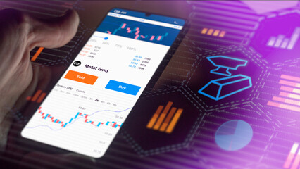 Exchange-traded fund etf chart, stock market data on smartphone. Business analysis of a trend. Invest in international shares ETF. Buying strategic diversified metal fund
