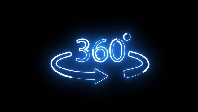 Neon 360 degree icon. 360 degree view icon, panorama on black background.