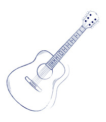 Vector illustration. Hand drawn doodle of classical guitar. String plucked musical instrument. Blues or rock equipment. Cartoon sketch. Isolated on white background