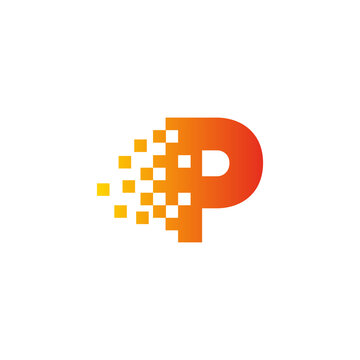 Colorful letter P fast pixel dot logo. Pixel art with the letter P. Integrative pixel movement. Creative scattered technology icon. Modern icon creative ports. Vector logo design.