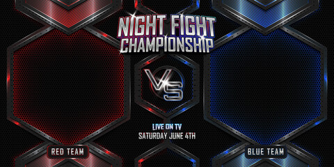 Versus battle fighting 3d realistic horizontal banner poster background with modern metallic logo. MMA concept - Fight night, MMA, boxing, wrestling, Thai boxing.