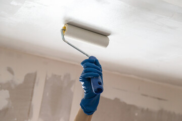 A worker applying whitewash on the ceiling using a handle roller