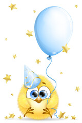 Cute cartoon little chick with Birthday cap, balloon and star serpentine
