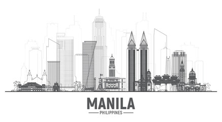 Manila Philippines line skyline with panorama in white background. Vector Illustration. Business travel and tourism concept with modern buildings. Image for banner or website.
