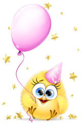 Cute cartoon little chick girl with Birthday cap, balloon and star serpentine