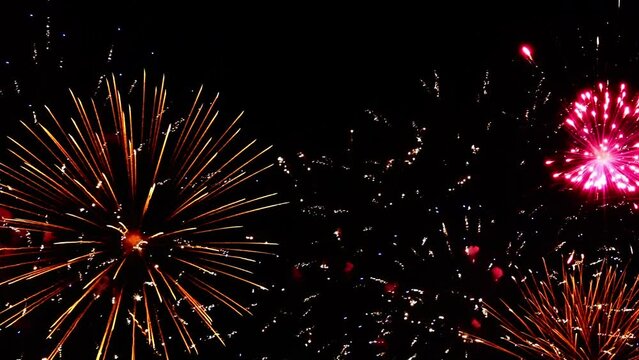 Holiday fireworks exploding in the night sky during celebration.