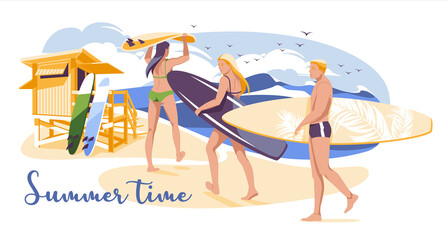 Summer surfing. Three young people with surfboards walk along the ocean shore against the backdrop of large ocean waves and a post for rescuers. Flat vector illustration
