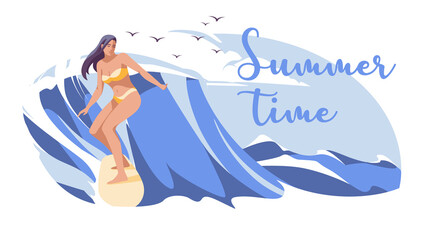 Summer surfing of girl or young woman surfer at board on ocean wave. Flat  vector illustration for summer sport activity and sea leisure hobby