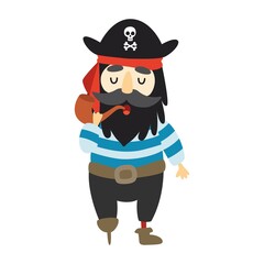 A cute pirate is holding a smoking a pipe in his hands. A postcard in a children's cartoon style. Vector illustration for designs, prints and patterns.