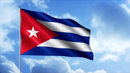 The flag of Cuba. Motion. A tricolor bright flag with alternating blue and white colors in the corner of which is a red triangle with a white star.