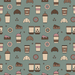 Seamless texture from coffee cups, donuts and croissants, pattern, abstract background, wallpaper
