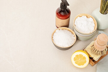 Home cleaning non toxic, natural products. Plastic free, zero waste lifestyle. Flat lay, top view