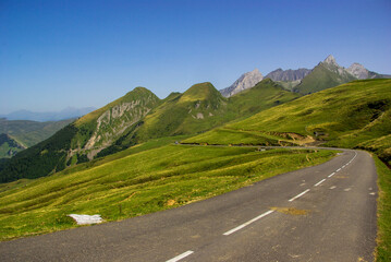 Mountain road surrounded by green meadows through the French Pyrenees